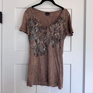 Daytrip Brown Short Sleeve Top with Metallic Snake Print Design